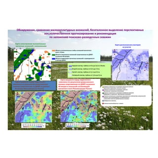 Обнаружение, сравнение малоамплитудных аномалий, безэталонное выделение перспективных
зон,количественное прогнозирование и рекомендация
по заложению поисково-разведочных скважин
Карта сопоставления положительных
магнитных аномалий с низкоомными
областями
Карта расположения кластеров
на участке
Карта мощности пород терригенного
комплекса по результатам регрессионного
анализа сопротивления по ДЭМП на разносе
40 метров (Мультрегрессия-Пангея)
Карта мощности пород терригенного
комплекса по результатам регрессионного
анализа сопротивления по ДЭМП на разносе
40 метров и локальной составляющей
магнитного поля (Рекомендации-Пангея)
Области положительных слабых аномалий магнитного
поля ( DТ)лок.
Области низкоомных аномалий сопротивления по ДЭМП
на разносе 40 метров.
Области корреляции магнитных аномалий и проводимости
и методе ДЭМП.
Первый кластер, глубины от 8 м до 12,5 м и более;
Второй кластер, глубины от 5,9 м до 7,9 м;
Третий кластер, глубины от 3,1 м до 5,5 м;
Четвертый кластер, глубины от 1,8 м до 3,5 м;
Скважины заложенные по критерию отношения значения
прогнозного параметра к величине ошибки;
Скважины заложенные по критерию сходства с
фиктивными скважинами (эталонами);
Скважины заложенные по критерию ожидаемого прироста
информации по сравнению с фиктивными эталонами;
Скважины заложенные по критерию максимального сходства двух совокупностей:
эталоны плюс рекомендуемая и всепредсказанные
в результате прогноза продуктивными точками;
Пробуренные скважины;
Скважины рекомендованные к заверке.
 