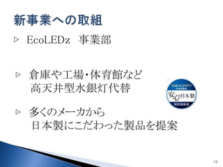 12
▷ EcoLEDｚ 事業部
▷ 倉庫や工場・体育館など
高天井型水銀灯代替
▷ 多くのメーカから
日本製にこだわった製品を提案
 