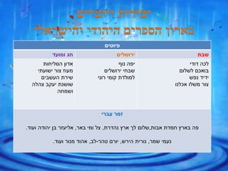 ‫פיוטים‬
‫שבת‬‫ירושלים‬‫ומועד‬ ‫חג‬
‫דודי‬ ‫לכה‬
‫לשלום‬ ‫בואכם‬
‫נפש‬ ‫ידיד‬
‫אכלנו‬ ‫משלו‬ ‫צור‬
‫נוף‬ ‫יפה‬
‫ירושלים‬ ‫שבחי‬
‫רוני‬ ‫קומי‬ ‫למולדת‬
‫הסליחות‬ ‫אדון‬
‫ישועתי‬ ‫צור‬ ‫מעוז‬
‫העשבים‬ ‫שירת‬
‫צהלה‬ ‫יעקב‬ ‫שושנת‬
‫ושמחה‬
‫עברי‬ ‫זמר‬
‫אבות‬ ‫חמדת‬ ‫בארץ‬ ‫פה‬,‫נהדרת‬ ‫ארץ‬ ‫לך‬ ‫שלום‬,‫באר‬ ‫ומי‬ ‫צל‬,‫ועוד‬ ‫יהודה‬ ‫בן‬ ‫אליעזר‬.
‫שמר‬ ‫נעמי‬,‫הירש‬ ‫נורית‬,‫טהר‬ ‫יורם‬-‫לב‬,‫ועוד‬ ‫מנור‬ ‫אהוד‬.
 