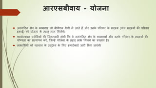 आरएसबीवाय - योजना
 असंगठिि क्षेत्र के कामगार जो बीपीएल श्रेणी में आिे हैं और उनके पररवार के सदस्य (पांि सदस्यों की पररवार
इकाई) को योजना के िहि् लाभ लमलेंगे।
 कायायन्वयन एजेंलसयों की जजम्मदारी होगी कक वे असंगठिि क्षेत्र के कामगारों और उनके पररवार के सदस्यों की
योग्यिा का सत्यापन करें, जजन्हें योजना के िहि् लाभ लमलने का प्रस्िाव है।
 लाभाधथययों को पहिान के उद्देश्य के ललए स्माटयकार्य जारी ककए जाएंगेा
 