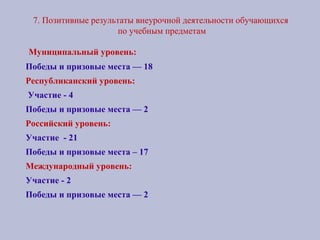 7. Позитивные результаты внеурочной деятельности обучающихся
по учебным предметам
Муниципальный уровень:
Победы и призовые места — 18
Республиканский уровень:
Участие - 4
Победы и призовые места — 2
Российский уровень:
Участие - 21
Победы и призовые места – 17
Международный уровень:
Участие - 2
Победы и призовые места — 2
 