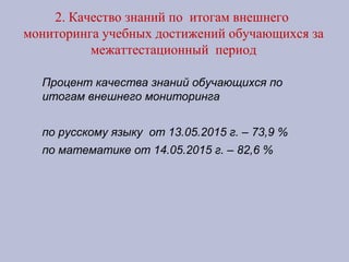 2. Качество знаний по итогам внешнего
мониторинга учебных достижений обучающихся за
межаттестационный период
Процент качества знаний обучающихся по
итогам внешнего мониторинга
по русскому языку от 13.05.2015 г. – 73,9 %
по математике от 14.05.2015 г. – 82,6 %
 