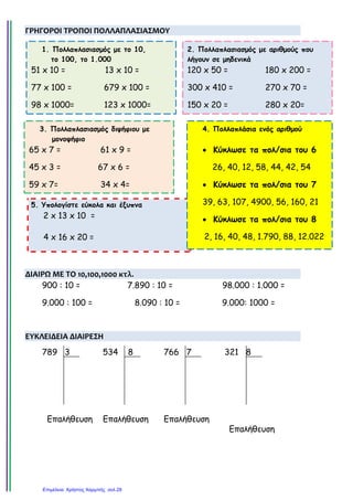 ΓΡΗΓΟΡΟΙ ΤΡΟΠΟΙ ΠΟΛΛΑΠΛΑΣΙΑΣΜΟΥ
ΔΙΑΙΡΩ ΜΕ ΤΟ 10,100,1000 κτλ.
900 : 10 = 7.890 : 10 = 98.000 : 1.000 =
9.000 : 100 = 8.090 : 10 = 9.000: 1000 =
ΕΥΚΛΕΙΔΕΙΑ ΔΙΑΙΡΕΣΗ
5. Υπολογίστε εύκολα και έξυπνα
2 x 13 x 10 =
4 x 16 x 20 =
789 3
Επαλήθευση
534 8
Επαλήθευση
766 7
Επαλήθευση
321 8
Επαλήθευση
1. Πολλαπλασιασµός µε το 10,
το 100, το 1.000
51 x 10 = 13 x 10 =
77 x 100 = 679 x 100 =
98 x 1000= 123 x 1000=
2. Πολλαπλασιασµός µε αριθµούς που
λήγουν σε µηδενικά
120 x 50 = 180 x 200 =
300 x 410 = 270 x 70 =
150 x 20 = 280 x 20=
3. Πολλαπλασιασµός διψήφιου µε
µονοψήφιο
65 x 7 = 61 x 9 =
45 x 3 = 67 x 6 =
59 x 7= 34 x 4=
4. Πολλαπλάσια ενός αριθµού
• Κύκλωσε τα πολ/σια του 6
26, 40, 12, 58, 44, 42, 54
• Κύκλωσε τα πολ/σια του 7
39, 63, 107, 4900, 56, 160, 21
• Κύκλωσε τα πολ/σια του 8
2, 16, 40, 48, 1.790, 88, 12.022
Επιμέλεια: Χρήστος Χαρμπής σελ.29
Τσαμπίκα Δρακιού
 