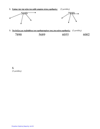 2. Γράψε την την αξία του κάθε ψηφίου στους αριθμούς: (2 μονάδες)
5689 7890
3. Να δείξεις με τη βοήθεια των αριθμητηρίων τους πιο κάτω αριθμούς: (2 μονάδες)
7890 5689 6055 6002
4.
(2 μονάδες)
Επιμέλεια: Χρήστος Χαρμπής σελ.33
 