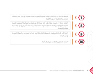16‫فاعلة‬ ‫تشغيلية‬ ‫خطط‬ ‫لبناء‬ ‫المنظمة‬ ‫الرئيسية‬ ‫القواعد‬ - ‫التشغيلي‬ ‫التخطيط‬ ‫دليل‬
‫وذلك‬ ‫الخيرية‬ ‫اإلدارات‬ ‫مبادرات‬ ‫لدعم‬ ‫السنوية‬ ‫الميزانية‬ ‫إجمالي‬ ‫من‬ 75% ‫عن‬ ‫اليقل‬ ‫ما‬ ‫تخصيص‬
‫الثابتة‬ ‫السنوية‬ ‫المصاريف‬ ‫حسم‬ ‫بعد‬
‫لتنفيذ‬ ‫المخصصة‬ ‫الميزانية‬ ‫إجمالي‬ ‫من‬ 25% ‫من‬ ‫أكثر‬ ‫على‬ ‫منفذ‬ ‫شريك‬ ‫أي‬ ‫حصة‬ ‫التتجاوز‬
‫تبعا‬ ‫وذلك‬ ‫إدارة‬ ‫من‬ ‫ألكثر‬ ‫خدماته‬ ‫بتقديم‬ ‫المنفذ‬ ‫للشريك‬ ‫السماح‬ ‫مع‬ ‫خيرية‬ ‫إدارة‬ ‫أي‬ ‫مبادرات‬
‫التنافسية‬ ‫لميزته‬
‫الخيرية‬ ‫الجهات‬ ‫لدى‬ ‫القدرة‬ ‫انعدام‬ ‫عند‬ ‫إال‬ ‫التجارية‬ ‫الوسيطة‬ ‫المنظمات‬ ‫شراكة‬ ‫إلى‬ ‫يلجأ‬ ‫ال‬
‫الربحية‬ ‫غير‬ ‫أو‬
‫أفراد‬ ‫شركاء‬ ‫من‬ ‫المقدمة‬ ‫المشاريع‬ ‫تدعم‬ ‫ال‬
7
8
9
10
���� �����.indd 16 5/9/16 10:51 AM
 