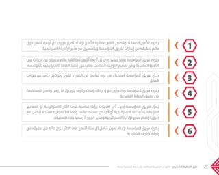 24‫فاعلة‬ ‫تشغيلية‬ ‫خطط‬ ‫لبناء‬ ‫المنظمة‬ ‫الرئيسية‬ ‫القواعد‬ - ‫التشغيلي‬ ‫التخطيط‬ ‫دليل‬
‫حول‬ ‫أشهر‬ ‫أربعة‬ ‫كل‬ ‫دوري‬ ‫تقرير‬ ‫بإعداد‬ ‫لألمين‬ ‫مباشرة‬ ‫التابع‬ ‫والمدير‬ ‫المساعد‬ ‫األمين‬ ‫يقوم‬
‫االستراتيجية‬ ‫اإلدارة‬ ‫مدير‬ ‫مع‬ ‫وبالتنسيق‬ ‫المؤسسة‬ ‫لفريق‬ ‫إنجازات‬ ‫من‬ ‫تحقيقه‬ ‫ماتم‬
‫في‬ ‫إنجازات‬ ‫من‬ ‫تحقيقه‬ ‫ماتم‬ ‫لمناقشة‬ ‫أشهر‬ ‫أربعة‬ ‫كل‬ ‫دوري‬ ‫لقاء‬ ‫بعقد‬ ‫المؤسسة‬ ‫فريق‬ ‫يقوم‬
‫للمؤسسة‬ ‫االستراتيجية‬ ‫الخطة‬ ‫تنفيذ‬ ‫يحقق‬ ‫بما‬ ‫المناسب‬ ‫التوجيه‬ ‫تقديم‬ ‫ومن‬ ‫التنفيذية‬ ‫الخطط‬
‫جوانب‬ ‫من‬ ‫جانب‬ ‫وتوضيح‬ ‫لشرح‬ ‫المدراء‬ ‫من‬ ‫مناسبا‬ ‫يراه‬ ‫من‬ ‫استدعاء‬ ‫المؤسسة‬ ‫لفريق‬ ‫يحق‬
‫العمل‬
‫المستفادة‬ ‫والعبر‬ ‫الدروس‬ ‫بتوثيق‬ ‫والرصد‬ ‫الدراسات‬ ‫إدارة‬ ‫مع‬ ‫وبالتعاون‬ ‫المؤسسة‬ ‫فريق‬ ‫يقوم‬
‫التنفيذية‬ ‫الخطط‬ ‫تطبيق‬ ‫من‬
‫المعايير‬ ‫أو‬ ‫االستراتيجية‬ ‫اآلثار‬ ‫على‬ ‫مناسبة‬ ‫يراها‬ ‫تعديالت‬ ‫أي‬ ‫إجراء‬ ‫المؤسسة‬ ‫لفريق‬ ‫يحق‬
‫مع‬ ‫العمل‬ ‫مصلحة‬ ‫تقتضيه‬ ‫لما‬ ‫وفقا‬ ‫مستهدفاتها‬ ‫من‬ ‫أي‬ ‫أو‬ ‫االستراتيجية‬ ‫باألهداف‬ ‫المرتبطة‬
‫التعديالت‬ ‫بتلك‬ ‫رسميا‬ ‫الجودة‬ ‫ومدير‬ ‫االستراتيجية‬ ‫اإلدارة‬ ‫مدير‬ ‫إخطار‬ ‫ضرورة‬
‫من‬ ‫تحقيقه‬ ‫من‬ ‫ماتم‬ ‫حول‬ ‫األكثر‬ ‫على‬ ‫أشهر‬ ‫ستة‬ ‫كل‬ ‫شامل‬ ‫تقرير‬ ‫بإعداد‬ ‫المؤسسة‬ ‫فريق‬ ‫يقوم‬
‫التنفيذية‬ ‫للجنة‬ ‫إنجازات‬
1
2
3
4
5
6
���� �����.indd 24 5/9/16 10:51 AM
 