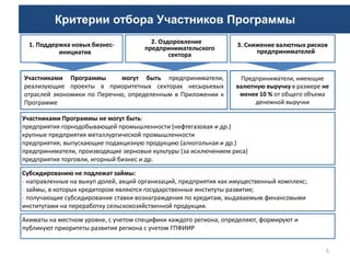 Критерии отбора Участников Программы
5
Акиматы на местном уровне, с учетом специфики каждого региона, определяют, формируют и
публикуют приоритеты развития региона с учетом ГПФИИР
Участниками Программы не могут быть:
предприятия горнодобывающей промышленности (нефтегазовая и др.)
крупные предприятия металлургической промышленности
предприятия, выпускающие подакцизную продукцию (алкогольная и др.)
предприниматели, производящие зерновые культуры (за исключением риса)
предприятия торговли, игорный бизнес и др.
Субсидированию не подлежат займы:
- направленные на выкуп долей, акций организаций, предприятия как имущественный комплекс;
- займы, в которых кредитором являются государственные институты развития;
- получающие субсидирование ставки вознаграждения по кредитам, выдаваемым финансовыми
институтами на переработку сельскохозяйственной продукции.
Участниками Программы могут быть предприниматели,
реализующие проекты в приоритетных секторах несырьевых
отраслей экономики по Перечню, определенным в Приложении к
Программе
1. Поддержка новых бизнес-
инициатив
3. Снижение валютных рисков
предпринимателей
2. Оздоровление
предпринимательского
сектора
Предприниматели, имеющие
валютную выручку в размере не
менее 10 % от общего объема
денежной выручки
 