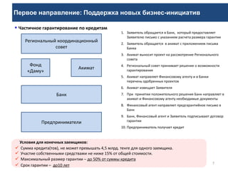 Первое направление: Поддержка новых бизнес-инициатив
7
Банк
Региональный координационный
совет
Фонд
«Даму»
Предприниматели
 Частичное гарантирование по кредитам
Акимат
1. Заявитель обращается в Банк, который предоставляет
Заявителю письмо с указанием расчета размера гарантии
2. Заявитель обращается в акимат с приложением письма
Банка
3. Акимат выносит проект на рассмотрение Регионального
совета
4. Региональный совет принимает решение о возможности
гарантирования
5. Акимат направляет Финансовому агенту и в Банки
перечень одобренных проектов
6. Акимат извещает Заявителя
7. При принятии положительного решения Банк направляет в
акимат и Финансовому агенту необходимые документы
8. Финансовый агент направляет предгарантийное письмо в
Банк
9. Банк, Финансовый агент и Заявитель подписывают договор
гарантии
10. Предприниматель получает кредит
Условия для конечных заемщиков:
 Сумма кредита(тов), не может превышать 4,5 млрд. тенге для одного заемщика.
 Участие собственными средствами не ниже 15% от общей стоимости.
 Максимальный размер гарантии – до 50% от суммы кредита
 Срок гарантии – до10 лет
 