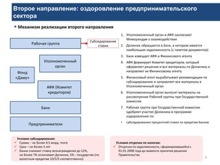 Второе направление: оздоровление предпринимательского
сектора
9
 Механизм реализации второго направления
Банк
Рабочая группа
Фонд
«Даму»
Предприниматели
Уполномоченный
орган
АФК (Комитет
кредиторов)
Субсидирование
ставки
1. Уполномоченный орган и АФК заключают
Меморандум о взаимодействии
2. Должник обращается в Банк, в котором имеется
наибольшая задолженность (с пакетом документов)
3. Банк извещает АФК и Финансового агента
4. АФК формирует Комитет кредиторов, который
оформляет решение и все материалы по Должнику и
направляет их Финансовому агенту
5. Финансовый агент вырабатывает рекомендации по
субсидированию и направляет все материалы в
Уполномоченный орган
6. Уполномоченный орган выносит материалы на
рассмотрение Рабочей группы при Государственной
комиссии
7. Рабочая группа при Государственной комиссии
одобряет участие Должника в программе
оздоровления по:
• субсидированию процентной ставки по кредитам Банков
Условия субсидирования:
 Сумма – не более 4,5 млрд. тенге
 Срок – не более 3 лет
 Банки снижают ставку вознаграждения до 12%,
не более 7% оплачивает Должник, 5% - государство (по
валютным кредитам 10/5/5 соответственно)
Условия отсрочки по налогам:
 Отсрочка по задолженности, сформировавшейся с
01.01.2008 года до момента принятия решения
Правительства
 