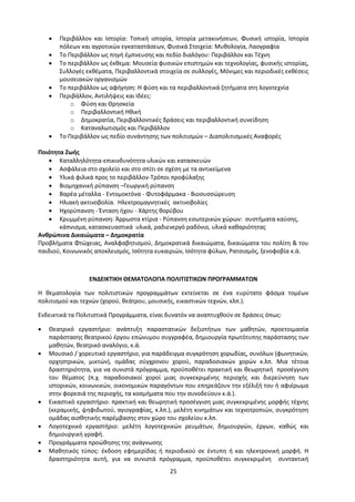 25
 Περιβάλλον και Ιστορία: Τοπική ιστορία, Ιστορία μετακινήσεων, Φυσική ιστορία, Ιστορία
πόλεων και αγροτικών εγκαταστάσεων, Φυσικά Στοιχεία: Μυθολογία, Λαογραφία
 Το Περιβάλλον ως πηγή έμπνευσης και πεδίο διαλόγου: Περιβάλλον και Τέχνη
 Το περιβάλλον ως έκθεμα: Μουσεία φυσικών επιστημών και τεχνολογίας, φυσικής ιστορίας,
Συλλογές εκθέματα, Περιβαλλοντικά στοιχεία σε συλλογές, Μόνιμες και περιοδικές εκθέσεις
μουσειακών οργανισμών
 Το περιβάλλον ως αφήγηση: Η φύση και τα περιβαλλοντικά ζητήματα στη λογοτεχνία
 Περιβάλλον, Αντιλήψεις και Ιδέες:
o Φύση και Θρησκεία
o Περιβαλλοντική Ηθική
o Δημοκρατία, Περιβαλλοντικές δράσεις και περιβαλλοντική συνείδηση
o Καταναλωτισμός και Περιβάλλον
 Το Περιβάλλον ως πεδίο συνάντησης των πολιτισμών – Διαπολιτισμικές Αναφορές
Ποιότητα Ζωής
 Καταλληλότητα-επικινδυνότητα υλικών και κατασκευών
 Ασφάλεια στο σχολείο και στο σπίτι σε σχέση με τα αντικείμενα
 Υλικά φιλικά προς το περιβάλλον-Τρόποι προφύλαξης
 Βιομηχανική ρύπανση –Γεωργική ρύπανση
 Βαρέα μέταλλα - Εντομοκτόνα - Φυτοφάρμακα - Βιοσυσσώρευση
 Ηλιακή ακτινοβολία. Ηλεκτρομαγνητικές ακτινοβολίες
 Ηχορύπανση - Ένταση ήχου - Χάρτης θορύβου
 Κρυμμένη ρύπανση: Άρρωστα κτίρια - Ρύπανση εσωτερικών χώρων: συστήματα καύσης,
κάπνισμα, κατασκευαστικά υλικά, ραδιενεργό ραδόνιο, υλικά καθαριότητας
Ανθρώπινα Δικαιώματα – Δημοκρατία
Προβλήματα Φτώχειας, Αναλφαβητισμού, Δημοκρατικά δικαιώματα, δικαιώματα του πολίτη & του
παιδιού, Κοινωνικός αποκλεισμός, Ισότητα ευκαιριών, Ισότητα φύλων, Ρατσισμός, ξενοφοβία κ.ά.
ΕΝΔΕΙΚΤΙΚΗ ΘΕΜΑΤΟΛΟΓΙΑ ΠΟΛΙΤΙΣΤΙΚΩΝ ΠΡΟΓΡΑΜΜΑΤΩΝ
Η θεματολογία των πολιτιστικών προγραμμάτων εκτείνεται σε ένα ευρύτατο φάσμα τομέων
πολιτισμού και τεχνών (χορού, θεάτρου, μουσικής, εικαστικών τεχνών, κλπ.).
Ενδεικτικά τα Πολιτιστικά Προγράμματα, είναι δυνατόν να αναπτυχθούν σε δράσεις όπως:
 Θεατρικό εργαστήριο: ανάπτυξη παραστατικών δεξιοτήτων των μαθητών, προετοιμασία
παράστασης θεατρικού έργου επώνυμου συγγραφέα, δημιουργία πρωτότυπης παράστασης των
μαθητών, θεατρικό αναλόγιο, κ.ά.
 Μουσικό / χορευτικό εργαστήριο, για παράδειγμα συγκρότηση χορωδίας, συνόλων (φωνητικών,
ορχηστρικών, μικτών), ομάδας σύγχρονου χορού, παραδοσιακών χορών κ.λπ. Μια τέτοια
δραστηριότητα, για να συνιστά πρόγραμμα, προϋποθέτει πρακτική και θεωρητική προσέγγιση
του θέματος (π.χ. παραδοσιακοί χοροί μιας συγκεκριμένης περιοχής και διερεύνηση των
ιστορικών, κοινωνικών, οικονομικών παραγόντων που επηρεάζουν την εξέλιξή του ή αφιέρωμα
στην φορεσιά της περιοχής, τα κοσμήματα που την συνοδεύουν κ.ά.).
 Εικαστικό εργαστήριο: πρακτική και θεωρητική προσέγγιση μιας συγκεκριμένης μορφής τέχνης
(κεραμικής, ψηφιδωτού, αγιογραφίας, κ.λπ.), μελέτη κινημάτων και τεχνοτροπιών, συγκρότηση
ομάδας αισθητικής παρέμβασης στον χώρο του σχολείου κ.λπ.
 Λογοτεχνικό εργαστήριο: μελέτη λογοτεχνικών ρευμάτων, δημιουργών, έργων, καθώς και
δημιουργική γραφή.
 Προγράμματα προώθησης της ανάγνωσης
 Μαθητικός τύπος: έκδοση εφημερίδας ή περιοδικού σε έντυπη ή και ηλεκτρονική μορφή. Η
δραστηριότητα αυτή, για να συνιστά πρόγραμμα, προϋποθέτει συγκεκριμένη συντακτική
 