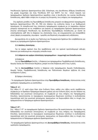 4
Υπεύθυνοι/ες Σχολικών Δραστηριοτήτων (ΣΔ). Ειδικότερα, στις Διευθύνσεις Β/θμιας Εκπαίδευσης
της χώρας συμμετέχει και ένας Υπεύθυνος ΣΕΠ των ΚΕΣΥΠ. Για την τελική έγκριση των
προγραμμάτων Σχολικών Δραστηριοτήτων αρμόδιος είναι ο Διευθυντής της οικείας Διεύθυνσης
Εκπαίδευσης, αφού λάβει υπόψη του τη γνώμη της Επιτροπής, τους στόχους των προγραμμάτων.
Στις σχολικές μονάδες της Πρωτοβάθμιας Εκπαίδευσης μπορούν να εφαρμοστούν προγράμματα
Σχολικών Δραστηριοτήτων (ΠΕ, ΑΥ, ΠΘ) στο πλαίσιο της ευέλικτης ζώνης ή με διαθεματική
προσέγγιση. Οι εκπαιδευτικοί που υλοποιούν προγράμματα σύμφωνα με το παραπάνω πλαίσιο
μπορούν προαιρετικά να τα υποβάλουν για έγκριση ως προγράμματα Σχολικών Δραστηριοτήτων
στον/ην αντίστοιχο/η Υπεύθυνο/η της Διεύθυνσης Πρωτοβάθμιας Εκπαίδευσης με σκοπό να
υποστηρίζονται καθ’ όλη τη διάρκεια της υλοποίησης τους, να ενημερώνονται για επιπρόσθετο
υλικό, φορείς συνεργασίας, σεμινάρια - ημερίδες και θεματικές επιμορφωτικές εκδηλώσεις.
Διευκρινίζεται ότι οι όμιλοι των Πρότυπων και Πειραματικών Σχολείων δεν υποβάλλονται για
έγκριση ως προγράμματα Σχολικών Δραστηριοτήτων.
1.3. Δαπάνες υλοποίησης
Για το τρέχον σχολικό έτος δεν προβλέπεται από τον κρατικό προϋπολογισμό κάλυψη
δαπανών για αναλώσιμα και υπερωρίες εκπαιδευτικών.
1.4. Διάρκεια και ωράριο υλοποίησης προγραμμάτων – συμμετοχή των Εκπαιδευτικών
α) Διάρκεια:
Για την Πρωτοβάθμια Εκπ/ση, η διάρκεια των προγραμμάτων Περιβαλλοντικής Εκπαίδευσης,
Αγωγής Υγείας και Πολιτιστικών Θεμάτων, μπορεί να είναι διάρκειας από 2 έως 5 μήνες.
Για τη Δευτεροβάθμια Εκπ/ση η διάρκεια ενός προγράμματος Αγωγής Σταδιοδρομίας,
Αγωγής Υγείας, Περιβαλλοντικής Εκπαίδευσης και Πολιτιστικών Θεμάτων ορίζεται ότι είναι
τουλάχιστον 5 μήνες.
β) Ωράριο υλοποίησης:
- Τα προγράμματα Σχολικών Δραστηριοτήτων στην Πρωτοβάθμια Εκπαίδευση, υλοποιούνται εντός
ωρολογίου προγράμματος ως ακολούθως:
Τάξεις Α΄- Δ΄:
Στις τάξεις Α΄- Δ΄ κατά κύριο λόγο στην Ευέλικτη Ζώνη, καθώς στις τάξεις αυτές προβλέπεται
σύμφωνα με το Ωρολόγιο Πρόγραμμα διακριτός χρόνος για την Ευέλικτη Ζώνη, και στο πλαίσιο της
διδασκαλίας των γνωστικών αντικειμένων, σε συμφωνία με τους στόχους του Προγράμματος
Σπουδών, προεκτείνοντας το περιεχόμενο συγκεκριμένων θεματικών ενοτήτων ή συνδυάζοντας
περισσότερα από ένα γνωστικά αντικείμενα, προκειμένου να διερευνηθούν όλες οι πτυχές που
πραγματεύεται το Πρόγραμμα σχολικών δραστηριοτήτων.
Τάξεις Ε΄-ΣΤ΄:
Στις τάξεις Ε΄-ΣΤ΄ τα προγράμματα Σχολικών Δραστηριοτήτων θα αναπτύσσονται στο πλαίσιο της
διδασκαλίας των γνωστικών αντικειμένων, σε συμφωνία με τους στόχους του Προγράμματος
Σπουδών, προεκτείνοντας το περιεχόμενο συγκεκριμένων θεματικών ενοτήτων ή συνδυάζοντας
περισσότερα από ένα γνωστικά αντικείμενα, προκειμένου να διερευνηθούν όλες οι πτυχές που
πραγματεύεται το Πρόγραμμα σχολικών δραστηριοτήτων.
-Τα προγράμματα Σχολικών Δραστηριοτήτων στη Δευτεροβάθμια Εκπαίδευση, υλοποιούνται εκτός
ωρολογίου προγράμματος.
 
