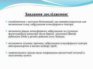 Завдання дослідження:
 ознайомитися з методом біоіндикації, що використовуються для
визначення стану забруднення атмосферного повітря;
 визначити рівень атмосферного забруднення за ступенем
флуктуаційної асиметрії листя берези опушеної (Betula
pubescens Ehrh) у різних районах села Хоцьки;
 встановити основну причину забруднення атмосферного повітря
автотранспортом в місцях відбору проб;
 запропонувати заходи щодо покращення екологічної ситуації в
населеному пункті.
 