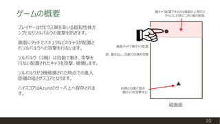ゲームの概要
10
プレイヤーはゼビウス軍を率いる超知性体ガ
ンプとなりソルバルウの進撃を防ぎます。
画面にタッチでバキュラなどのキャラが配置さ
れソルバルウへの攻撃を行ないます。
ソルバルウ（3機）は自動で動き、攻撃を
行ない配置されたキャラを攻撃、破壊します。
ソルバルウが3機破壊された時点での進入
距離の短さがスコアとなります。
ハイスコアはAzureのサーバ上へ保存されま
す。
縦画面
画面タッチで敵キャラ配置
即、動き出し、自動で自機を攻撃
自機は自動で動き、
敵キャラを攻撃する
敵キャラ配置できるのは画面の上部だけ、
さらに0.25秒につき1機の制限。
 