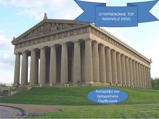 Ο ΠΑΡΘΕΝΩΝΑΣ ΤΟΥ
NASHVILLE (ΗΠΑ)
Αντίγραφο του
πραγματικού
Παρθενώνα
Επιμέλεια: Χρήστος Χαρμπής σελ.40
 