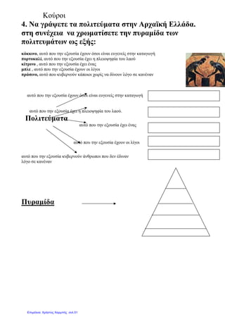Κούροι
4. Να γράψετε τα πολιτεύµατα στην Αρχαϊκή Ελλάδα.
στη συνέχεια να χρωµατίσετε την πυραµίδα των
πολιτευµάτων ως εξής:
κόκκινο, αυτό που την εξουσία έχουν όσοι είναι ευγενείς στην καταγωγή
πορτοκαλί, αυτό που την εξουσία έχει η πλειοψηφία του λαού
κίτρινο , αυτό που την εξουσία έχει ένας
µπλε , αυτό που την εξουσία έχουν οι λίγοι
πράσινο, αυτό που κυβερνούν κάποιοι χωρίς να δίνουν λόγο σε κανέναν
αυτό που την εξουσία έχουν όσοι είναι ευγενείς στην καταγωγή
αυτό που την εξουσία έχει η πλειοψηφία του λαού.
Πολιτεύµατα
αυτό που την εξουσία έχει ένας
αυτό που την εξουσία έχουν οι λίγοι
αυτό που την εξουσία κυβερνούν άνθρωποι που δεν έδιναν
λόγο σε κανέναν
Πυραµίδα
Επιμέλεια: Χρήστος Χαρμπής σελ.51
 