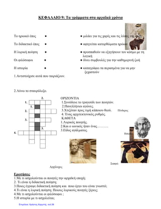 ΚΕΦΑΛΑΙΟ 9: Τα γράμματα στα αρχαϊκά χρόνια
1.Αντιστοίχισε αυτά που ταιριάζουν.
2.Λύνω το σταυρόλεξο.
ΟΡΙΖΟΝΤΙΑ
1.Συνόδευε το τραγούδι των ποιητών.
2.Πανελλήνιοι αγώνες.
3.Χτιζόταν προς τιμή κάποιου θεού. Πίνδαρος
4. Ένας αρχιτεκτονικός ρυθμός.
ΚΑΘΕΤΑ
1.Λυρικός ποιητής.
2.Και ο ιωνικός ήταν ένας……….
3.Είδος αγάλματος.
Ησίοδος
Σαπφώ
Αρχίλοχος
Ερωτήσεις
1.Με τι ασχολούνται οι ποιητές την αρχαϊκή εποχή;
2. Τι είναι η διδακτική ποίηση;
3.Ποιος έγραψε διδακτική ποίηση και ποιο έργο του είναι γνωστό;
4.Τι είναι η λυρική ποίηση; Ποιους λυρικούς ποιητές ξέρεις;
4.Με τι ασχολούνται οι φιλόσοφοι ;
5.Η ιστορία με τι ασχολείται;
Το ηρωικό έπος ● ● μιλάει για τις χαρές και τις λύπες της ζωής
Το διδακτικό έπος ● ● αφηγείται κατορθώματα ηρώων
Η λυρική ποίηση ● ● προσπαθούν να εξηγήσουν τον κόσμο με τη
λογική
Οι φιλόσοφοι ● ● δίνει συμβουλές για την καθημερινή ζωή
Η ιστορία ● ● καταγράφει τα περασμένα για να μην
ξεχαστούν
2.
1.
1.
2.
3.
3.
4.
Επιμέλεια: Χρήστος Χαρμπής σελ.58
 