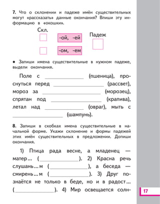 17
7. Что о склонении и падеже имён существительных
могут «рассказать» данные окончания? Впиши эту ин-
формацию в «окошки».
-ом, -ем
Скл.
Падеж
-ой, -ей
-ом, -ем
Запиши имена существительные в нужном падеже,
выдели окончания.
Поле с (пшеница), про-
снуться перед (рассвет),
мороз за (морозец),
спрятан под (крапива),
летал над (овраг), мыть с
(шампунь).
8. Запиши в скобках имена существительные в на-
чальной форме. Укажи склонение и формы падежей
этих имён существительных в предложении. Допиши
окончания.
1) Птица рада весне, а младенец —
матер... ( ). 2) Красна речь
слушань...м ( ), а беседа —
смирень...м ( ). 3) Друг по-
знаётся не только в беде, но и в радост...
( ). 4) Мир освещается солн-
 