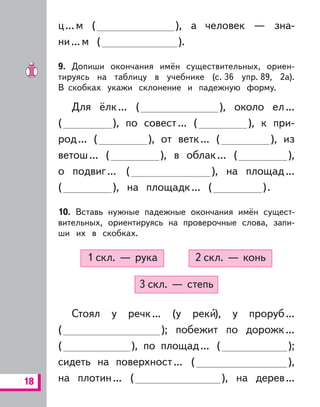 18
ц...м ( ), а человек — зна-
ни...м ( ).
9. Допиши окончания имён существительных, ориен-
тируясь на таблицу в учебнике (с. 36 упр. 89, 2а).
В скобках укажи склонение и падежную форму.
Для ёлк... ( ), около ел...
( ), по совест... ( ), к при-
род... ( ), от ветк... ( ), из
ветош... ( ), в облак... ( ),
о подвиг... ( ), на площад...
( ), на площадк... ( ).
10. Вставь нужные падежные окончания имён сущест-
вительных, ориентируясь на проверочные слова, запи-
ши их в скобках.
3 скл. — степь
2 скл. — конь1 скл. — рука
Стоял у речк... (у реки), у проруб...
( ); побежит по дорожк...
( ), по площад... ( );
сидеть на поверхност... ( ),
на плотин... ( ), на дерев...
 