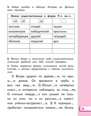 25
5. Найди ошибки в таблице. Исправь их. Допиши
свои примеры.
Имена существительные в форме Р. п. мн. ч.
-ев , -ов -ей
листьев птицей чашек
километров победителей простынь
петербуржцев друзей тетрадей
яблоков медалей дел
6. Впиши буквы в окончания имён существительных,
используя удобный для тебя способ проверки.
Укажи падежные формы склоняемых частей речи.
Составь и запиши предложение с именем числитель-
ным.
1) Вихрь ударил по деревь...м, по кры-
ш...м домов. Он врывался в трубы и
выл там звер...м. 2) Юннат...м четвёртых
класс...в интересно наблюдать за птиц...ми.
О птичьих повадк...х они узнают не толь-
ко из книг, но и из рассказ...в извест-
ных учёных-натуралист...в. 3) К кормушк...
прибегает полакомиться семечк...ми белка.
 