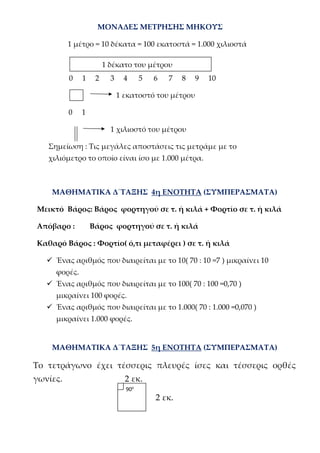 ΜΟΝΑΔΕΣ ΜΕΤΡΗΣΗΣ ΜΗΚΟΥΣ
1 μέτρο = 10 δέκατα = 100 εκατοστά = 1.000 χιλιοστά
0 1 2 3 4 5 6 7 8 9 10
1 εκατοστό του μέτρου
0 1
1 χιλιοστό του μέτρου
Σημείωση : Τις μεγάλες αποστάσεις τις μετράμε με το
χιλιόμετρο το οποίο είναι ίσο με 1.000 μέτρα.
ΜΑΘΗΜΑΤΙΚΑ Δ΄ΤΑΞΗΣ 4η ΕΝΟΤΗΤΑ (ΣΥΜΠΕΡΑΣΜΑΤΑ)
Μεικτό Βάρος: Βάρος φορτηγού σε τ. ή κιλά + Φορτίο σε τ. ή κιλά
Απόβαρο : Βάρος φορτηγού σε τ. ή κιλά
Καθαρό Βάρος : Φορτίο( ό,τι μεταφέρει ) σε τ. ή κιλά
 Ένας αριθμός που διαιρείται με το 10( 70 : 10 =7 ) μικραίνει 10
φορές.
 Ένας αριθμός που διαιρείται με το 100( 70 : 100 =0,70 )
μικραίνει 100 φορές.
 Ένας αριθμός που διαιρείται με το 1.000( 70 : 1.000 =0,070 )
μικραίνει 1.000 φορές.
ΜΑΘΗΜΑΤΙΚΑ Δ΄ΤΑΞΗΣ 5η ΕΝΟΤΗΤΑ (ΣΥΜΠΕΡΑΣΜΑΤΑ)
Το τετράγωνο έχει τέσσερις πλευρές ίσες και τέσσερις ορθές
γωνίες. 2 εκ.
2 εκ.
1 δέκατο του μέτρου
90ο
 