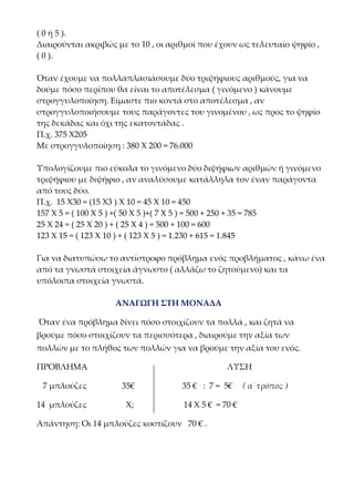 ( 0 ή 5 ).
Διαιρούνται ακριβώς με το 10 , οι αριθμοί που έχουν ως τελευταίο ψηφίο ,
( 0 ).
Όταν έχουμε να πολλαπλασιάσουμε δύο τριψήφιους αριθμούς, για να
δούμε πόσο περίπου θα είναι το αποτέλεσμα ( γινόμενο ) κάνουμε
στρογγυλοποίηση. Είμαστε πιο κοντά στο αποτέλεσμα , αν
στρογγυλοποιήσουμε τους παράγοντες του γινομένου , ως προς το ψηφίο
της δεκάδας και όχι της εκατοντάδας .
Π.χ. 375 Χ205
Με στρογγυλοποίηση : 380 Χ 200 = 76.000
Υπολογίζουμε πιο εύκολα το γινόμενο δύο διψήφιων αριθμών ή γινόμενο
τριψήφιου με διψήφιο , αν αναλύσουμε κατάλληλα τον έναν παράγοντα
από τους δύο.
Π.χ. 15 Χ30 = (15 Χ3 ) Χ 10 = 45 Χ 10 = 450
157 Χ 5 = ( 100 Χ 5 ) +( 50 Χ 5 )+( 7 Χ 5 ) = 500 + 250 + 35 = 785
25 Χ 24 = ( 25 Χ 20 ) + ( 25 Χ 4 ) = 500 + 100 = 600
123 Χ 15 = ( 123 Χ 10 ) + ( 123 Χ 5 ) = 1.230 + 615 = 1.845
Για να διατυπώσω το αντίστροφο πρόβλημα ενός προβλήματος , κάνω ένα
από τα γνωστά στοιχεία άγνωστο ( αλλάζω το ζητούμενο) και τα
υπόλοιπα στοιχεία γνωστά.
ΑΝΑΓΩΓΗ ΣΤΗ ΜΟΝΑΔΑ
Όταν ένα πρόβλημα δίνει πόσο στοιχίζουν τα πολλά , και ζητά να
βρούμε πόσο στοιχίζουν τα περισσότερα , διαιρούμε την αξία των
πολλών με το πλήθος των πολλών για να βρούμε την αξία του ενός.
ΠΡΟΒΛΗΜΑ ΛΥΣΗ
7 μπλούζες 35€ 35 € : 7 = 5€ ( α΄ τρόπος )
14 μπλούζες Χ; 14 Χ 5 € = 70 €
Απάντηση: Οι 14 μπλούζες κοστίζουν 70 € .
 