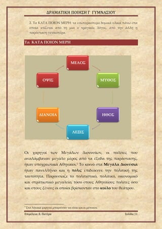 ΔΡΑΜΑΤΙΚΗ ΠΟΙΗΣΗ Γ ΓΥΜΝΑΣΙΟΥ
Επιμέλεια: Ε. Πατέρα Σελίδα 11
2. Τα ΚΑΤΑ ΠΟΙΟΝ ΜΕΡΗ: τα εσωτερικότερα δομικά υλικά πάνω στα
οποία κτίζεται από τη μια ο τραγικός λόγος, από την άλλη η
παράσταση γενικότερα.
Τα ΚΑΤΑ ΠΟΙΟΝ ΜΕΡΗ
Οι χορηγοί των Μεγάλων Διονυσίων, οι πολίτες που
αναλάμβαναν μεγάλο μέρος από τα έξοδα της παράστασης,
ήταν υποχρεωτικά Αθηναίοι.1 Το κοινό στα Μεγάλα Διονύσια
ήταν πανελλήνιο και η πόλις επιδείκνυε την πολιτική της
ταυτότητα. Παρουσίαζε το πολιτιστικό, πολιτικό, οικονομικό
και στρατιωτικό μεγαλείο, τόσο στους Αθηναίους πολίτες όσο
και στους ξένους οι οποίοι βρίσκονταν στο κοῖλο του θεάτρου.
1
Στα Λήναια χορηγοί μπορούσαν να είναι και οι μέτοικοι.
ΜΕΛΟΣ
ΜΥΘΟΣ
ΗΘΟΣ
ΛΕΞΙΣ
ΔΙΑΝΟΙΑ
ΟΨΙΣ
 