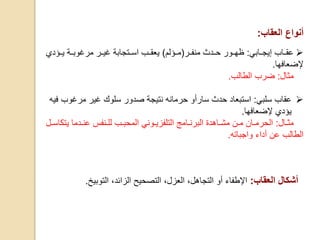 ‫أنواع‬‫العقاب‬:
‫إيجااابي‬ ‫عقاااب‬:‫منفاار‬ ‫حاادث‬ ‫ظهااور‬(‫مااؤلم‬)‫يااؤدي‬ ‫مرغوبااة‬ ‫غياار‬ ‫اسااتجابة‬ ‫يعقااب‬
‫إلضعافها‬.
‫مثال‬:‫الطالب‬ ‫ضرب‬.
‫سلبي‬ ‫عقاب‬:‫حدث‬ ‫استبعاد‬‫سارأو‬‫سلوك‬ ‫صدور‬ ‫نتيجة‬ ‫حرمانه‬‫غير‬‫مرغو‬‫فيه‬ ‫ب‬
‫إلضعافها‬ ‫يؤدي‬.
‫اال‬‫ا‬‫مث‬:‫يت‬ ‫ادما‬‫ا‬‫عن‬ ‫انفس‬‫ا‬‫لل‬ ‫اب‬‫ا‬‫المحب‬ ‫اوني‬‫ا‬‫التلفزي‬ ‫اامج‬‫ا‬‫البرن‬ ‫ااهدة‬‫ا‬‫مش‬ ‫ان‬‫ا‬‫م‬ ‫اان‬‫ا‬‫الحرم‬‫ال‬‫ا‬‫كاس‬
‫واجباته‬ ‫أداء‬ ‫عن‬ ‫الطالب‬.
‫العقاب‬ ‫أشكال‬:‫ال‬ ،‫الزائد‬ ‫التصحيح‬ ،‫العزل‬ ،‫التجاهل‬ ‫أو‬ ‫اإلطفاء‬‫توبيخ‬.
 