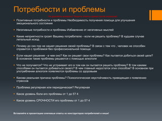 Потребности и проблемы
 Позитивные потребности и проблемы Необходимость получения помощи для улучшения
эмоционального состояния
 Негативные потребности и проблемы Избавление от негативных мыслей
 Какие неприятности грозят Вашему потребителю - если не решить проблему? В худшем случае
летальный исход
 Почему до сих пор не нашел решения своей проблемы? В связи с тем что , человек не способен
справится с проблемой без профессиональной помощи
 Если нашел решение - в чем оно? Как он решает свои проблемы? Как пытается добиться своей цели?
В основном такие проблемы решаются с помощью алкоголя
 Что не получается? Что не устраивает его в том как он пытается решить проблему? В том какими
способами он пытается добиваться своего? В чем главный недостаток этих способов? В основном при
употреблении алкоголя появляются проблемы со здоровьем
 Какова реальная причина проблемы? Психологическая неустойчивость приводящая к появлению
стрессов
 Проблема регулярная или периодическая? Регулярная
 Каков уровень боли его проблемы от 1 до 5? 4
 Каков уровень СРОЧНОСТИ его проблемы от 1 до 5? 4
Вставляйте в презентацию ключевые ответы из конструкторов потребителей и ниши!
Не удаляйте вопросы! Пишите ответы прямо после вопросов!
 