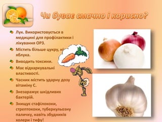 Лук. Використовується в
медицині для профілактики і
лікування ОРЗ.
Містить більше цукру, ніж
яблука.
Виводить токсини.
Має відхаркувальні
властивості.
Часник містить ударну дозу
вітаміну С.
Знезаражує шкідливих
бактерій.
Знищує стафілококи,
стрептококи, туберкульозну
паличку, навіть збудників
холери і тифу!
 