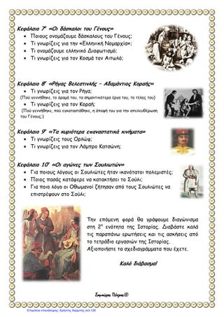 σελ.
62
Ιστορία Στ΄ Δημοτικού [Κριτήρια Αξιολόγησης & Διαγωνίσματα]
Ενότητα Β [Οι Έλληνες κάτω από την οθωμανική και τη λατινική κυριαρχία (1453-1821)]
Έκδοση taexeiola Χριστίνα Τζιτζιλή
στ) Η οικονομία της Οθωμανικής Αυτοκρατορίας στηριζόταν κυρίως στις
αγροτικές καλλιέργειες.
(Μονάδες 2)
4) Σε ποιες δραστηριότητες βασιζόταν η οικονομία της Οθωμανικής
αυτοκρατορίας πριν την παρακμή της;
____________________________________________________________________
____________________________________________________________________
____________________________________________________________________
____________________________________________________________________
____________________________________________________________________
____________________________________________________________________
____________________________________________________________________
____________________________________________________________________
____________________________________________________________________
____________________________________________________________________
(Μονάδες 2)
5) Ποια ήταν τα αποτελέσματα της ανάπτυξης του ελληνικού εμπορίου και της
ναυσιπλοϊας;
____________________________________________________________________
____________________________________________________________________
____________________________________________________________________
____________________________________________________________________
 