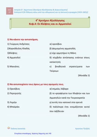 σελ.
76
Ιστορία Στ΄ Δημοτικού [Κριτήρια Αξιολόγησης & Διαγωνίσματα]
Ενότητα Β [Οι Έλληνες κάτω από την οθωμανική και τη λατινική κυριαρχία (1453-1821)]
Έκδοση taexeiola Χριστίνα Τζιτζιλή
στην ορεινή Θεσσαλία
3) Γεώργιος Ανδρίτσος γ) Καταγόταν από τη Λιβαδειά και ήταν
αξιωματικός του ρωσικού στρατού.
(Μονάδα 1)
3) Να χαρακτηρίσετε τις προτάσεις με (Σ) αν είναι σωστές και με (Λ) αν είναι
λανθασμένες και να δικαιολογήσετε τις απαντήσεις σας.
α) Στη ναυμαχία της Ναυπάκτου ο τούρκικος στόλος νίκησε πανηγυρικά.
β) Οι ελπίδες των υπόδουλων Ελλήνων αναπτερώθηκαν καθώς κυκλοφο-
ρούσαν διαδόσεις ότι το «ξανθό γένος» θα τους απελευθέρωνε.
γ) Στα τέλη του 18ου
αιώνα η ελπίδα των Ελλήνων για
απελευθέρωση εξακολουθούσε να στηρίζεται τους Ρώσους.
δ) Το κίνημα του Μητροπολίτη Λαρίσης Διονύσιος πέτυχε.
(Μονάδα 1,5)
4) α) Πότε και πού έγιναν οι πρώτες εξεγέρσεις υπόδουλων Ελλήνων εναντίον
των Οθωμανών;
β) Ποια ήταν η δράση του Μητροπολίτη Λαρίσης Διονύσιος;
____________________________________________________________________
____________________________________________________________________
____________________________________________________________________
____________________________________________________________________
____________________________________________________________________
 