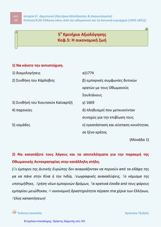 σελ.
79
Ιστορία Στ΄ Δημοτικού [Κριτήρια Αξιολόγησης & Διαγωνίσματα]
Ενότητα Β [Οι Έλληνες κάτω από την οθωμανική και τη λατινική κυριαρχία (1453-1821)]
Έκδοση taexeiola Χριστίνα Τζιτζιλή
1) Να χαρακτηρίσετε τις προτάσεις με (Σ) αν είναι σωστές και με (Λ) αν είναι
λανθασμένες και να δικαιολογήσετε τις απαντήσεις σας.
α) Οι Σουλιώτες δεν ήταν ικανοί πολεμιστές.
β) Οι Τούρκοι δεν μπορούσαν να υποτάξουν τους Σουλιώτες εύκολα.
γ) Οι Τούρκοι κατέκτησαν το Σούλι το 1803 μετά από πολλές προσπάθειες.
δ) Ο Αλή Πασάς των Ιωαννίνων δεν κατάφερε να μειώσει τη δύναμη του
Σουλίου.
ε) Ο καλόγερος Σαμουήλ τράπηκε σε φυγή όταν οι Τούρκοι κατέλαβαν τον
οχυρό λόφο Κούγκι.
στ) Οι Σουλιώτες αρνήθηκαν να βοηθήσουν τον Σουλτάνο να εξοντώσει
τον Αλή Πασά γιατί δεν τους προσφέρθηκε αντάλλαγμα .
(Μονάδες 2)
2) Να συμπληρώσεις τα κενά με τις κατάλληλες λέξεις.
Οι κάτοικοι του Σουλίου ήταν .................... που μιλούσαν ............................. και
............................. . Συχνά έκαναν ........................... στα χωριά του κάμπου, για να
εξασφαλίσουν ........................... και ............................... . Οι Σουλιώτες συνήθιζαν
να πολεμούν οχυρωμένοι πίσω από ................................... ............................. .
Δρούσαν ακόμα και τη ..................... και δε δίσταζαν να επιτεθούν με τα
....................... τους σε μεγαλύτερο αριθμό αντιπάλων.
(Μονάδα 1,5)
10o
Κριτήριο Αξιολόγησης
Κεφ.10: Οι αγώνες των Σουλιωτών
 