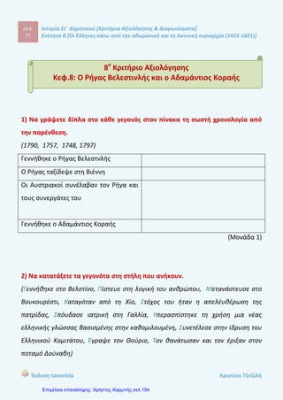 σελ.
90
Ιστορία Στ΄ Δημοτικού [Κριτήρια Αξιολόγησης & Διαγωνίσματα]
Ενότητα Β [Οι Έλληνες κάτω από την οθωμανική και τη λατινική κυριαρχία (1453-1821)]
Έκδοση taexeiola Χριστίνα Τζιτζιλή
ΑΑππααννττήήσσεειιςς 11οουυ
ΚΚρριιττηηρρίίοουυ ΑΑξξιιοολλόόγγηησσηηςς
Απάντηση Θέματος 1
1-δ, 2-γ, 3-στ, 4-ζ, 5-β, 6-ε, 7-α
Απάντηση θέματος 2
1-β, 2-γ, 3-α, 4-δ
Απάντηση θέματος 3
α- Λ Οι δύο πρώτοι αιώνες της Τουρκοκρατίας ήταν δυσκολότεροι για τους
Χριστιανούς και βελτιώθηκαν τους δύο επόμενους αιώνες, από τα μέσα
του 16ου
αιώνα.
β- Λ Ολόκληρη η ελληνική Χερσόνησος πέρασε την οθωμανική κυριαρχία. Μόνο τα
Ιόνια Νησιά, με εξαίρεση τη Λευκάδα για κάποια χρονικά διαστήματα, δεν
πέρασαν στην οθωμανική εξουσία.
γ- Σ
δ- Λ Οι Χριστιανοί της Δύσης, κυρίως οι Βενετοί, συνέβαλαν στην οικονομική
παρακμή των ντόπιων κατοίκων.
ε- Σ
Απαντήσεις Θεμάτων Ενότητας Β΄
 