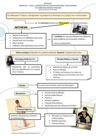 Δημοτικό Σχολείο Μενιδίου
Ιστορία ΣΤ΄
Σχ. Έτος:2012 – 13
Ενότητα 2η – Κεφ. 4 Οι Κλέφτες και οι Αρματολοί
Κλέφτες
Οι Τούρκοι για να αντιμετωπίσουν τους
κλέφτες χρησιμοποιούσαν τους
αρματολούς.
Φημισμένοι αρματολοί
Οι Τούρκοι αντιμετωπίζουν εξεγέρσεις από ομάδες Ελλήνων.
• Ζούσαν στην ύπαιθρο σε
δύσβατα μέρη ( λημέρια).
• Μικρές ομάδες με αρχηγό
(καπετάνιο) και μπαϊράκι.
• Εχθρότητα για τους Τούρκους.
• Αγαπητοί στο λαό.
• Σύμβολο αντίστασης.
• ΄Ενοπλοι Έλληνες.
• Πρώην κλέφτες.
• Συνήθως συνεργάζονταν με
τους κλέφτες.
• Εγκατέλειπαν τις θέσεις τους
και προσχωρούσαν σε αυτούς.
• Αρκετοί από τους απογόνους
τους έλαβαν μέρος στην
επανάσταση του 1821.
• Γεώργιος Ανδρίτζος
• Κατσαντώνης
• Γεώργιος Μπότσαρης
• Λάμπρος Τζαβέλλας
Κορκόδειλος Κλαδάς ( Ορμητήριο τη Μάνη η οποία δεν υποτάχτηκε ποτέ)
Άλλοι ένοπλοι έλληνες
Επιμέλεια: Χρήστος Χαρμπής http://st-taksh.blogspot.gr σελ.16
 
