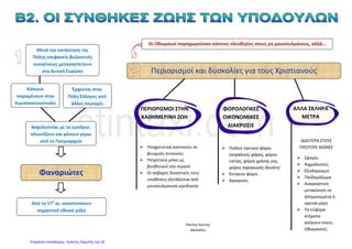 ΚΕΦΑΛΑΙΟ 14: ΤΑ ΚΑΣΤΡΑ ΤΗΣ ΛΕΥΤΕΡΙΑΣ
φάρες
(Τζαβέλα-
Μπότσαρη-
Κουτσονίκα
ΜΑΝΗ
(Πελοπόννησος)
ΣΟΥΛΙ
(Ήπειρος)
ΤΑ ΚΑΣΤΡΑ ΤΗΣ ΛΕΥΤΕΡΙΑΣ
ΣΦΑΚΙΑ
(Κρήτη)
συμβούλιο
γερόντων
αποτελούνταν
από
ισχυρή
στρατιωτική
δύναμη
Αλή Πασά
Ιωαννίνων
Κούγκι -
Σαμουήλ
ζούσαν
πρωτόγωνα
και
ανοργάνωτα
οικογένεια
πατριά
(πολλές οικογένειες
μαζί- "πύργος")
τάξεις
Νικλιάνοι
Αχαμνόμερους
Ζάλογγο -
Σουλιώτισσες
σεβασμό
ηλικιωμένων
βεντέταοικογενειακή
τιμή
"γεροντική"
=συμβούλιο
ηλικιωμένων
βεντέτα-
οικογενειακή
τιμή
ΕΡΩΤΗΣΕΙΣ
1. Ποιες ήταν οι περιοχές της Ελλάδας που κατάφεραν να διατηρήσουν σχετική ελευθερία;
2. Πώς ήταν οργανωμένοι οι Σουλιώτες και τι ξέρεις για το Σούλι;
3. Πώς ήταν οργανωμένοι οι Μανιάτες και τι ξέρεις για τη Μάνη;
4. Πώς ζούσαν οι Σφακιανοί και τι ξέρεις για τα Σφακιά;
5. Γιατί οι περιοχές αυτές είχαν σχετική ελευθερία; Υπάρχει σχέση ανάμεσα στην «ελευθερία» και τη
γεωγραφική τους θέση;
ΑΝΘΙΜΟΥ ΣΟΦΙΑ
Επιμέλεια: Χρήστος Χαρμπής http://st-taksh.blogspot.gr σελ.33
 