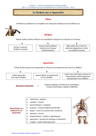 ΙΣΤΟΡΙΑ ΣΤ΄
ΕΝΟΤΗΤΑ 2η
– ΚΕΦ. 3 «ΘΡΗΣΚΕΥΤΙΚΗ ΚΑΙ ΠΟΛΙΤΙΚΗ ΟΡΓΑΝΩΣΗ ΤΩΝ ΕΛΛΗΝΩΝ»
27o ΔΗΜΟΤΙΚΟ ΣΧΟΛΕΙΟ ΤΡΙΚΑΛΩΝ
ΔΑΣΚΑΛΟΣ ΒΑΣΙΛΗΣ ΠΑΠΑΓΙΑΝΝΗΣ
Πιο ανεκτικοί απέναντι στο Πατριαρχείο της Κωνσταντινούπολης.
Οι Οθωμανοί Τούρκοι κατήργησαν τη βυζαντινή διοίκηση στις χώρες που κατέκτησαν.
ΠΑΤΡΙΑΡΧΗΣ
 Θρησκευτικός ηγέτης.
 Εκπρόσωπος των Ορθόδοξων Χριστιανών.
 Λογοδοτούσε στον Σουλτάνο.
 Ιδρύει σχολεία.
 Επιβάλλει ειδική φορολογία στους πιστούς.
Η εκκλησία δεν είχε μόνο θρησκευτικά καθήκοντα
αλλά αποφάσιζε και για ποικίλες υποθέσεις,
π.χ για τις κληρονομιές.
Κάποιοι Ιεράρχες δε θεωρούν την τουρκική κατάκτηση ¨θεραπεία¨ σταλμένη από το Θεό.
Πατριάρχης Νεόφυτος ο Β΄.
Επηρεάστηκε από τις ευρωπαϊκές
ιδέες και αμφισβητούσε την υποταγή
στους Τούρκους.
Μοναχός Μάξιμος ο Γραικός.
 Καλλιέργησε σχέσεις με τη Ρωσία.
 Άγιος της Μόσχας.
 Οι Ρώσοι ταυτίστηκαν με τη σκέψη της
απελευθέρωσης της Κων/πολης από τους
απίστους.
Φανάρι. Συνοικία της Κων/πολης κοντά στο Πατριαρχείο.
Φαναριώτες.  Ζούσαν κοντά στο Φανάρι.
 Ηγετική ομάδα Ελλήνων.
 Πλούσιοι.
 Αξιόλογη μόρφωση.
 Γνώριζαν ξένες γλώσσες.
 Υψηλά αξιώματα στην οθωμανική διοίκηση.
Κοινοτικοί άρχοντες
επίτροποι, δημογέροντες, προεστοί,
και κοτζαμπάσηδες.
 Αδυναμία των Τούρκων για τη
συλλογή φόρων.
 Μεγάλη περιουσία.
 Πολιτική δύναμη.
 
