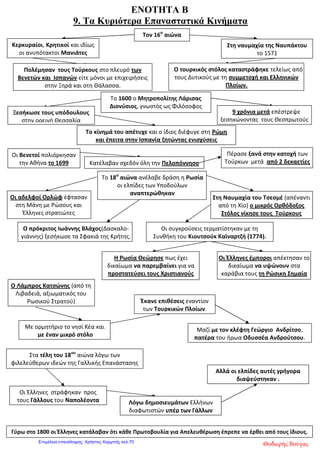 Κεφάλαιο 7 Β ΄ ενότητα
Οι δάσκαλοι του Γένους
1. Ποιοι ονομάστηκαν δάσκαλοι του Γένους;
Δάσκαλοι του Γένους ονομάζονται οι μορφωμένοι Έλληνες που κατά την περίοδο της
Τουρκοκρατίας συνέβαλαν, με την προφορική διδασκαλία τους ή με τα κείμενα τους, στην
καλλιέργεια της ελληνικής παιδείας. Αρκετοί από τους δασκάλους του Γένους ήταν ή έγιναν
αργότερα κληρικοί. Κάποιοι σπούδασαν στην τουρκοκρατούμενη Ελλάδα ενώ άλλοι στα Ιόνια Νησιά,
στις Παραδουνάβιες Ηγεμονίες και στο εξωτερικό.
2. Ποιο ήταν το κύριο μέλημα και η προσφορά τους;
Οι δάσκαλοι του Γένους δίδασκαν σε ναούς, σε σχολεία και σε δημόσιους χώρους. Έγραφαν επίσης
επιστολές και άρθρα σε περιοδικά και εφημερίδες είτε ολόκληρα βιβλία, που τα τύπωναν με την
υποστήριξη της Εκκλησίας, των Φαναριωτών ηγεμόνων ή φιλομαθών εμπόρων. Με το έργο τους
βοήθησαν στην ίδρυση σχολείων και την τόνωση της ελληνικής παιδείας, στην ιδεολογική
προετοιμασία της Μεγάλης Επανάστασηςτου 1821 και στην ανάπτυξη του Φιλελληνισμού στη Δύση.
3. Τι ήταν ο Νεοελληνικός Διαφωτισμός;
Φωτισμένοι πνευματικοί άνδρες έδρασαν σε όλη τη διάρκεια της Τουρκοκρατίας. Ιδιαίτερα σημαντική
ήταν, όπως αναφέρθηκε, η δράση των Ελλήνων λογίων στη Δύση. Κατά τον 18ο
και στις αρχές του
19ου
αιώνα οι ιδέες και τα κηρύγματα του Ευρωπαϊκού Διαφωτισμού κυριαρχούσαν στη Δυτική
Ευρώπη. Οι νέες φιλελεύθερες και ριζοσπαστικές ιδέες έφτασαν γρήγορα και στην ελληνική
Χερσόνησο, δυναμώνοντας την επαναστατική διάθεση των υπόδουλων Ελλήνων. Η πνευματική αυτή
δραστηριότητα ονομάστηκε Νεοελληνικός Διαφωτισμός.
4. Ποιοι ήταν οι κύριοι εκπρόσωποι του Νεοελληνικού Διαφωτισμού;
Ο Νεοελληνικός Διαφωτισμός ανέδειξε μεγάλες μορφές στα ελληνικά γράμματα, όπως ο Φαναριώτης
νομικός Δημήτριος Καταρτζής και ο Κερκυραίος κληρικός Ευγένιος Βούλγαρης, που δίδαξε στην
Αθωνιάδα Σχολή φιλοσοφία και μαθηματικά. Επίσης δύο ξαδέλφια από τη Θεσσαλία, ο Γρηγόριος
Κωνσταντάς και ο Δανιήλ Φιλιππίδης, συνέγραψαν στη δημοτική γλώσσα τη «Γεωγραφία Νεωτερική»,
ενώ ο Κοζανίτης γιατρός Μιχαήλ Περδικάρης σατίρισε σε πεζά και σε στίχους πρόσωπα και γεγονότα
της εποχής του.
5. Τι ήταν η Ελληνική Νομαρχία;
Το 1806 εκδόθηκε στην Ιταλία η «Ελληνική Νομαρχία», ένα έργο άγνωστου συγγραφέα αφιερωμένο
στον Ρήγα Βελεστινλή. Στο σημαντικό αυτό κείμενο του Νεοελληνικού Διαφωτισμού καταδικάζεται η
«αναρχία» και η «μοναρχία» και προβάλλεται ως ιδανική διοίκηση η «νομαρχία», δηλαδή το
πολίτευμα όπου εξουσιάζουν οι νόμοι.
6. Ποιος ήταν ο Κοσμάς Ο Αιτωλός;
Ξεχωριστή προσωπικότητα αποτελεί ο άγιος Κοσμάς ο Αιτωλός, ο οποίος συνδύαζε το πνεύμα του
Νεοελληνικού Διαφωτισμού και της παιδείας με τη θρησκευτική πίστη και την εθνική συνείδηση. Ήταν
λόγιος μοναχός του Αγίου Όρους, ιεροκήρυκας και μάρτυρας. Το κήρυγμά του έβρισκε μεγάλη
απήχηση στον υπόδουλο ελληνικό πληθυσμό της υπαίθρου, όπου περιόδευσε για να αναχαιτίσει τους
εξισλαμισμούς, ιδρύοντας σχολεία.
eimet08
Επιμέλεια: Χρήστος Χαρμπής http://st-taksh.blogspot.gr σελ.71
 