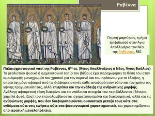 Ραβέννα
Παλαιοχριστιανικοί ναοί της Ραβέννας, 6ος αι. (Άγιος Απολλινάριος ο Νέος, Άγιος Βιτάλιος)
Το ρεαλιστικό φυσικό ή αρχιτεκτονικό τοπίο του βάθους έχει παραχωρήσει τη θέση του στην
ομοιόμορφη μονοχρωμία του χρυσού για τον ουρανό και του πράσινου για το έδαφος, η
οποία όχι μόνο αφαιρεί από τις διάφορες σκηνές κάθε αναφορά στον τόπο και τον χρόνο της
γήινης πραγματικότητας, αλλά επιτρέπει και την ανάδειξη της ανθρώπινης μορφής.
Ανάλογη αφαιρετική τάση διακρίνει και τα υπόλοιπα στοιχεία του περιβάλλοντος (δέντρα,
χαμηλά φυτά, ζώα) που επαναλαμβάνονται σχηματοποιημένα και διακοσμητικά, αλλά και τις
ανθρώπινες μορφές, που δεν διαφοροποιούνται ουσιαστικά μεταξύ τους ούτε στα
ενδύματα ούτε στις κινήσεις ούτε στα φυσιογνωμικά χαρακτηριστικά, και χαρακτηρίζονται
από ιερατική μεγαλοπρέπεια.
Πομπή μαρτύρων, τμήμα
ψηφιδωτού στον Άγιο
Απολλινάριο τον Νέο
της Ραβέννας, 561
 