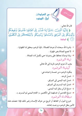 65
:‫تعالى‬ ‫اهلل‬ ‫قال‬
‫ﭙ‬ ‫ﭘ‬ ‫ﭗ‬ ‫ﭖ‬ ‫ﭕ‬ ‫ﭔ‬ ‫ﭓ‬ ‫ﭒ‬ ‫ﭑ‬‫ﱫ‬
‫ﭢ‬‫ﭡ‬ ‫ﭠ‬ ‫ﭟ‬ ‫ﭞ‬ ‫ﭝ‬ ‫ﭜ‬ ‫ﭛ‬ ‫ﭚ‬
‫المائدة‬ ‫ﱪ‬‫ﮑ‬
. ‫الطهارة‬ ‫لنا‬ ‫يحقق‬ ‫الوضوء‬ ّ‫فإن‬ ، ‫للصالة‬ ‫نتوضأ‬ ْ‫أن‬ ‫سبحانه‬ ‫اهلل‬ ‫يأمرنا‬ -1
. ‫طهارة‬ ‫بغير‬ ‫الصالة‬ ‫تصح‬ ‫ال‬ -2
. ‫الصالة‬ ‫أداء‬ َ‫نكمل‬ ‫حتى‬ ‫وضوئنا‬ ‫على‬ ‫نحافظ‬ ‫توضأنا‬ ‫وإذا‬ -3
‫الو�ضوء‬ ‫نية‬
‫تعالى‬ ‫اهلل‬ ‫إلى‬ ‫قربة‬ ‫الوضوء‬ ‫ننوي‬ ْ‫أن‬ ‫يجب‬
‫الو�ضوء‬ ‫كيفية‬
:‫هي‬ ‫واجبات‬ ‫خمسة‬ ‫من‬ ‫الوضوء‬ ‫يتكون‬
.ِ‫ه‬‫الوج‬ ُ‫غسل‬ -1
.‫المرفق‬ ‫إلى‬ ‫منى‬ُ‫الي‬ ِ‫اليد‬ ُ‫غسل‬ -2
.‫المرفق‬ ‫إلى‬ ‫اليسرى‬ ِ‫اليد‬ ُ‫غسل‬ -3
.‫اليمنى‬ ‫اليد‬ ‫ببلل‬ ِ‫الرأس‬ ُ‫مسح‬ -4
.) ‫اليسرى‬ ‫ثم‬ ‫اليمنى‬ ‫القدم‬ (، ‫الكعبين‬ ‫إلى‬ ‫غسلهما‬ ‫أو‬ ‫القدمين‬ ُ‫مسح‬ -5
‫الو�ضوء‬ ‫مبطالت‬
‫هذه‬ ‫حصلت‬ ‫ذلك.فإذا‬ ‫وغير‬ ‫اإلنسان‬ ‫جوف‬ ‫من‬ ‫الريح‬ ‫أو‬ ‫الغائط‬ ‫أو‬ ‫البول‬ ‫خروج‬
.‫إعادته‬ ‫ووجبت‬ ‫الوضوء‬ ‫بطل‬ ‫األمور‬
‫العبادات‬‫من‬
‫:الو�ضوء‬ً‫ال‬‫أو‬�
ُ‫ي‬‫ن‬‫ا‬‫ث‬‫ل‬‫ا‬ ُ‫س‬‫ر‬‫د‬‫ل‬‫ا‬
 