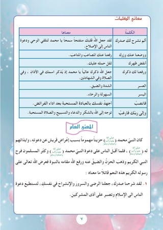 7
‫الكلمات‬‫معاين‬
ُ‫ة‬‫الكلم‬‫معناها‬
‫صدرك‬ َ‫لك‬ ‫نشرح‬ ‫ألم‬‫ودعوة‬ ‫الوحي‬ ‫لتلقي‬ ‫محمد‬ ‫يا‬ ً‫ا‬‫سمح‬ ً‫ا‬‫منفتح‬ َ‫قلبك‬ ُ‫هلل‬‫ا‬ َ‫جعل‬ ‫لقد‬
.‫اإلصالح‬ ‫إلى‬ ‫الناس‬
‫وزرك‬ ‫عنك‬ ‫ووضعنا‬. َ‫واملتاعب‬ َ‫املصاعب‬ ‫عنك‬ ‫رفعنا‬
‫ظهرك‬ ‫أنقض‬.‫عليك‬ ‫حمله‬ ‫ثقل‬
‫ذكرك‬ ‫لك‬ ‫ورفعنا‬‫وفي‬ ، ِ‫األذان‬ ‫في‬ ‫اسمك‬ ‫ذكر‬ُ‫ي‬ ‫إذ‬ ‫محمد‬ ‫يا‬ ً‫ا‬‫عالي‬ ‫ذكرك‬ ُ‫اهلل‬ ‫جعل‬
.ِ‫ني‬‫الشهادت‬ ‫وفي‬ ِ‫ة‬‫الصال‬
‫العسر‬.‫والضيق‬ ‫الشدة‬
‫اليسر‬.‫والرخاء‬ ‫السهولة‬
ْ‫فانصب‬.‫الفرائض‬ ‫اداء‬ ‫بعد‬ ِ‫ة‬‫المستحب‬ ِ‫ة‬‫بالعباد‬ ‫نفسك‬ ْ‫جهد‬‫أ‬
ْ‫فارغب‬ ‫ك‬ِّ‫ربـ‬ ‫وإلى‬.ِ‫ة‬‫المستحب‬ ِ‫ة‬‫والصال‬ ِ‫والتسبيح‬ ِ‫ء‬‫والدعا‬ ِ‫بالشكر‬ ‫اهلل‬ ‫إلى‬ ‫توجه‬
‫وايذائهم‬ ،ِ‫ه‬‫دعوت‬ ‫عن‬ ‫قريش‬ ِ‫راض‬ْ‫إع‬ ‫بسبب‬ ً‫ا‬‫مهموم‬ ً‫ا‬‫حزين‬ ) ( ‫محمد‬ ّ‫النبي‬ ‫كان‬
‫فرح‬ ‫المسلمون‬ ‫ّر‬‫ث‬‫وك‬ ) ( ‫محمد‬ ّ‫النبي‬ ‫دعوة‬ ‫على‬ ‫الناس‬ َ‫أقبل‬ ‫فلما‬ ، ) ( ‫له‬
‫على‬ ‫تعالى‬ ‫اهلل‬ ‫فعرض‬ ‫بالنبوة‬ ‫مقامه‬ ‫اهلل‬ ‫ورفع‬ ‫عنه‬ ُ‫والضيق‬ ُ‫الحزن‬ َ‫وذهب‬ ‫الكريم‬ ‫النبي‬
: ‫معناه‬ ‫ما‬ ً‫ال‬‫قائ‬ ‫النعم‬ ‫هذه‬ ‫الكريم‬ ‫رسوله‬
‫دعوة‬ َ‫لتستطيع‬ ، ِ‫نفسك‬ ‫في‬ َ‫واإلنشراح‬ َ‫والسرور‬ ‫الرضى‬ ‫جعلنا‬ ، َ‫صدرك‬ ‫شرحنا‬ ‫لقد‬ .1
. َ‫المشركين‬ ‫أذى‬ ‫على‬ ‫وتصبر‬ ِ‫م‬‫اإلسال‬ ‫الى‬ ِ‫الناس‬
‫العام‬‫املعنى‬
‫اهلل‬ ‫صلى‬
‫وآلــه‬ ‫عليه‬
‫وسلم‬ ‫وصحبه‬
‫اهلل‬ ‫صلى‬
‫وآلــه‬ ‫عليه‬
‫وسلم‬ ‫وصحبه‬
‫اهلل‬ ‫صلى‬
‫وآلــه‬ ‫عليه‬
‫وسلم‬ ‫وصحبه‬
 