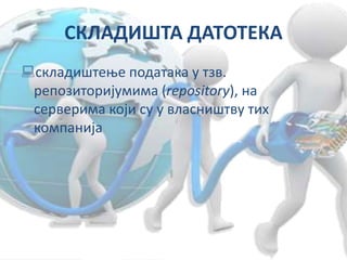 СКЛАДИШТА ДАТОТЕКА
складиштење података у тзв.
репозиторијумима (repository), на
серверима који су у власништву тих
компанија
 