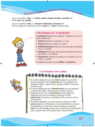∂∂∂∂∂¡¡¡¡√√√√∆∆∆∆∆∆∏∏∏∏∆∆∆∞∞∞∞∞ 9999:: MMMÂÂÙÙÂÙÂÙÚÚÚÚÒÒÒ,,,, ‰ËÏÒÓˆ ÔÛﬁÙËÙ· Î·È ÛÂÈÚ¿
129
α) με την κατάληξη -άδα: π.χ. δυάδα, τριάδα, τετράδα, δεκάδα, εικοσάδα κτλ.
Αλλά: ένας ’ μονάδα
β) με την κατάληξη -αριά: π.χ. δεκαριά, δωδεκαριά, εικοσαριά κτλ.
Αυτά τα αριθμητικά συνοδεύονται από το καμιά (π.χ. καμιά εικοσαριά μήλα).
		 Τι να θυμάμαι όταν γράφω
• Τα απόλυτα αριθμητικά μέχρι το είκοσι γράφονται ως μία λέξη:
δεκαέξι, δεκαεφτά. Από το είκοσι ένα και πάνω γράφονται ως
ξεχωριστές λέξεις: σαράντα οκτώ, τέσσερις χιλιάδες πεντακόσια
ενενήντα εννέα.
• Τα τακτικά αριθμητικά από το δέκατος τρίτος και μετά γράφονται
ως ξεχωριστές λέξεις: δέκατος τρίτος, εικοστός πέμπτος.
• Γράφονται με δύο -νν- το εννέα/εννιά και όσα αριθμητικά
παράγονται από αυτό και περιέχουν ολόκληρη τη λέξη
εννέα/εννιά (εννιακόσιοι, εννιαπλάσιος αλλά ενενήντα, ένατος,
ενενηκοστός).
• Τα σύνθετα αριθμητικά που έχουν δεύτερο συνθετικό τη λέξη
μισός γράφονται στη λήγουσα με -ι. Δεν ακολουθούν τον κανόνα
και γράφονται με -η όσα έχουν πρώτο συνθετικό το αρσενικό
ένας και το θηλυκό μία: ενάμισι ευρώ, δυόμισι κιλά, τεσσερισήμισι
ώρες, εφτάμισι τόνοι, αλλά μιάμιση ώρα, ενάμισης τόνος.
Τι θα θυμάμαι για... τα αριθμητικά
Τα αριθμητικά φανερώνουν αριθμούς. Υπάρχουν πέντε κατη-
γορίες αριθμητικών:
1. Απόλυτα (δηλώνουν ποσότητα), π.χ. τρία
2. Τακτικά (δηλώνουν σειρά), π.χ. τρίτος
3. Πολλαπλασιαστικά (δηλώνουν από πόσα μέρη αποτελείται
    κάτι), π.χ. τριπλός
4. Αναλογικά (δηλώνουν πόσες φορές μεγαλύτερο είναι από
    κάτι άλλο), π.χ. τριπλάσιος
5. Περιληπτικά  (δηλώνουν μονάδες που αποτελούν ένα σύ-
    νολο), π.χ. τριάδα
Τα αριθμητικά μπορεί να είναι επίθετα ή ουσιαστικά.
100138 ����������.indd 129 10/4/2013 1:24:34 µµ
 
