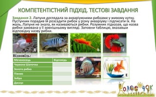 КОМПЕТЕНТІСТНИЙ ПІДХІД. ТЕСТОВІ ЗАВДАННЯ
Завдання 2. Лапуня доглядала за акваріумними рибками у живому кутку.
Пустунчик порадив їй розсадити рибок у різну акваріуму і підписати їх. На
жаль, Лапуня не знала, як називаються рибки. Розумник підказав, що назва
рибки захована у її зовнішньому вигляді. Заповни таблицю, вказавши
відповідну назву рибки.
Меченосець Відповідь
Червона Шапочка
Золота рибка
Півник
Зебра
Дискус
Відповідь:
А Б В Г
Д Е
 