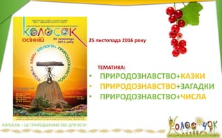 25 листопада 2016 року
ТЕМАТИКА:
• ПРИРОДОЗНАВСТВО+КАЗКИ
• ПРИРОДОЗНАВСТВО+ЗАГАДКИ
• ПРИРОДОЗНАВСТВО+ЧИСЛА
КОЛОСОК – ЦЕ ПРИРОДОЗНАВСТВО ДЛЯ ВСІХ!
 