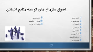 ‫انسانی‬ ‫منابع‬ ‫توسعه‬ ‫های‬ ‫سازمان‬ ‫اصول‬
.1‫مداری‬ ‫انسان‬
.2‫جویی‬ ‫مشارکت‬
.3‫نگری‬ ‫آینده‬
.4‫گرایی‬ ‫نتیجه‬
.5‫گرایی‬ ‫فرایند‬
.6‫پذیری‬ ‫انعطاف‬
.7‫ارگانیستی‬ ‫رویکرد‬
.8‫گرایی‬ ‫مشتری‬
.9‫محوری‬ ‫دانش‬
.10‫یادگیرنده‬ ‫و‬ ‫خوآموز‬
.11‫تحوالت‬ ‫در‬ ‫پیشتازی‬
17
 