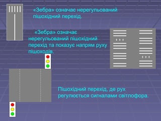 «Зебра» означає нерегульований
пішохідний перехід.
«Зебра» означає
нерегульований пішохідний
перехід та показує напрям руху
пішоходів.
Пішохідний перехід, де рух
регулюється сигналами світлофора.
 