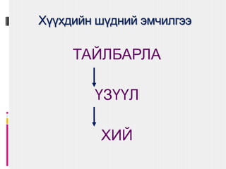 Хүүхдийн шүдний эмчилгээ
ТАЙЛБАРЛА
ҮЗҮҮЛ
ХИЙ
 