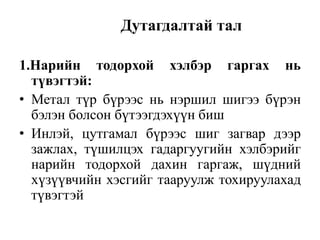 Дутагдалтай тал
1.Нарийн тодорхой хэлбэр гаргах нь
түвэгтэй:
• Метал түр бүрээс нь нэршил шигээ бүрэн
бэлэн болсон бүтээгдэхүүн биш
• Инлэй, цутгамал бүрээс шиг загвар дээр
зажлах, түшилцэх гадаргуугийн хэлбэрийг
нарийн тодорхой дахин гаргаж, шүдний
хүзүүвчийн хэсгийг тааруулж тохируулахад
түвэгтэй
 