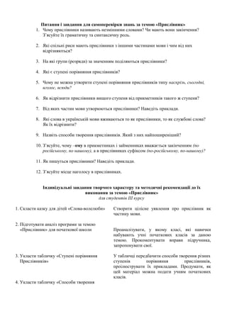 Питання і завдання для самоперевірки знань за темою «Прислівник»
1. Чому прислівники називають незмінними словами? Чи мають вони закінчення?
З’ясуйте їх граматичну та синтаксичну роль.
2. Які спільні риси мають прислівники з іншими частинами мови і чим від них
відрізняються?
3. На які групи (розряди) за значенням поділяються прислівники?
4. Які є ступені порівняння прислівників?
5. Чому не можна утворити ступені порівняння прислівників типу наскрізь, сьогодні,
вголос, всюди?
6. Як відрізнити прислівники вищого ступеня від прикметників такого ж ступеня?
7. Від яких частин мови утворюються прислівники? Наведіть приклади.
8. Які слова в українській мови вживаються то як прислівники, то як службові слова?
Як їх відрізнити?
9. Назвіть способи творення прислівників. Який з них найпоширеніший?
10. З’ясуйте, чому –ому в прикметниках і займенниках вважається закінченням (по
російському, по нашому), а в прислівниках суфіксом (по-російському, по-нашому)?
11. Як пишуться прислівники? Наведіть приклади.
12. З’ясуйте місце наголосу в прислівниках.
Індивідуальні завдання творчого характеру та методичні рекомендації до їх
виконання за темою «Прислівник»
для студентів III курсу
1. Скласти казку для дітей «Слова-волелюби» Створити цілісне уявлення про прислівник як
частину мови.
2. Підготувати аналіз програми за темою
«Прислівник» для початкової школи Проаналізувати, у якому класі, які навички
набувають учні початкових класів за даною
темою. Прокоментувати вправи підручника,
запропонувати свої.
3. Укласти табличку «Ступені порівняння У табличці передбачити способи творення різних
Прислівників» ступенів порівняння прислівників,
проілюструвати їх прикладами. Продумати, як
цей матеріал можна подати учням початкових
класів.
4. Укласти табличку «Способи творення
 