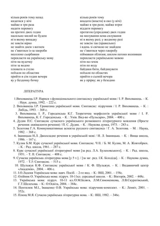 кілька років тому назад кілька років тому
кидатися у вічі впадати (впасти) в око (у вічі)
майже в три раза майже в три рази; майже втроє
надати перевагу віддати перевагу
на протязі двох годин протягом (упродовж) двох годин
насильно милий не будеш на милування нема силування
ні в якому випадку ні в якому разі; у жодному разі
не зовсім вірно не зовсім так (правильно)
не знайти днем з вогнем і вдень зі свічкою не знайдеш
не з’явитися із-за хвороби не з’явитися через хворобу
несолоно сьорбавши піймавши облизня; шилом патоки вхопивши
перекласти на українську мову перекласти українською мовою
піти на вудочку піти на гачок
піти за водою піти по воду
плювати в стелю байдики бити, байдикувати
поїхали по областям поїхали по областях
прийти в сім годин вечора прийти о сьомій вечора
яу у бездонну бочку як у прірву; як у безодню
ЛІТЕРАТУРА
1.Вихованець І.Р. Нариси з функціонального синтаксису української мови / І. Р. Вихованець. – К.
: Наук. думка, 1992. – 222 с.
2. Вихованець І.Р. Граматика української мови. Синтаксис: підручник / І. Р. Вихованець. – К. :
Либідь, 1993. – 368 с.
3. Вихованець І. Р., Городенська К.Г. Теоретична морфологія української мови / І. Р.
Вихованець, К. Г. Городенська. – К. : Унів. Вид-во «Пульсари», 2004. – 400 с.
4. Дудик П.С. Синтаксис сучасного українського розмовного літературного мовлення (Просте
речення: еквіваленти речення) / П. С. Дудик. – К. : Наукова думка, 1973. – 283 с.
5. Золотова Г.А. Коммуникативные аспекты русского синтаксиса / Г. А. Золотова. – М. : Наука,
1982. – 368 с.
6. Іваницька Н.Л. Двоскладне речення в українській мові / Н. Л. Іваницька. – К. : Вища школа,
1986. – 167 с.
7. Кулик Б.М. Курс сучасної української мови. Синтаксис. Ч II. / Б. М. Кулик, М. А. Жовтобрюх.
– К. : Рад. школа, 1961. – 287 с.
8. Курс сучасної української літературної мови [за ред. Л.А. Булаховського]. – К. : Рад. школа,
1951. – Т. II. Синтаксис. – 408 с.
9. Сучасна українська літературна мова [у 5 т.]. / [за заг. ред. І.К. Білодіда]. – К. : Наукова думка,
1972. – Т.5: Синтаксис. – 515 с.
10. Шульжук К.Ф. Синтаксис української мови / К. Ф. Шульжук. – К. : Видавничий центр
«Академія», 2004. – 406 с.
11. І.О.Ладоня Українська мова: навч. Посіб. – 2-ге вид. – К.: ВШ, 2001. – 158с.
12. Олійник О. Українська мова: підруч. 10-11кл. середньої школи. – К.: Вікторія, 2002. – 448с.
13. Українська мова: підруч. 10-11 кл./О.М.Біляєв, Л.М.Симоненкова, Л.В.Скуратівський,
Г.Т.Шелехова. – К.: О.Освіта, 2004. – 384с.
14. Пентилюк М.І., Іващенко О.В. Українська мова: підручник-комплект. – К.: Ленвіт, 2001. –
352с.
15. Плющ М.Я. Сучасна українська літературна мова. – К.: ВШ, 1982. – 346с.
 